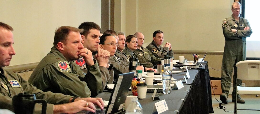 340th Flying Training Group Commander Col. Allen Duckworth (standing) welcomes senior leaders and group staff to the semi-annual 340th FTG Commanders’ Summit, held March 4-7 in Fredericksburg, Texas. (U.S. Air Force photo by Janis El Shabazz)