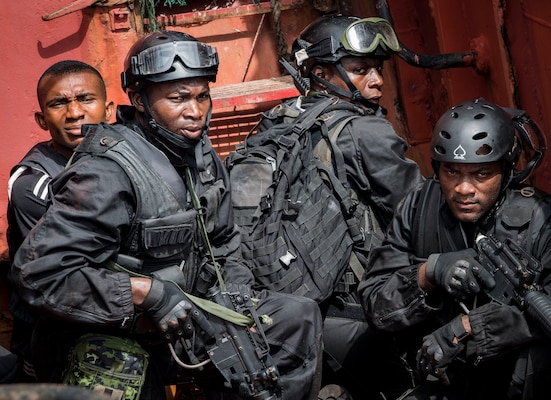 Members of Cameroonian armed forces participate in visit,
board, search, and seizure drill aboard Nigerian training vessel during U.S. Africa Command–sponsored exercise Obangame Express 2019, in Lagos, Nigeria, March 18, 2019 (U.S. Navy/Kyle Steckler)