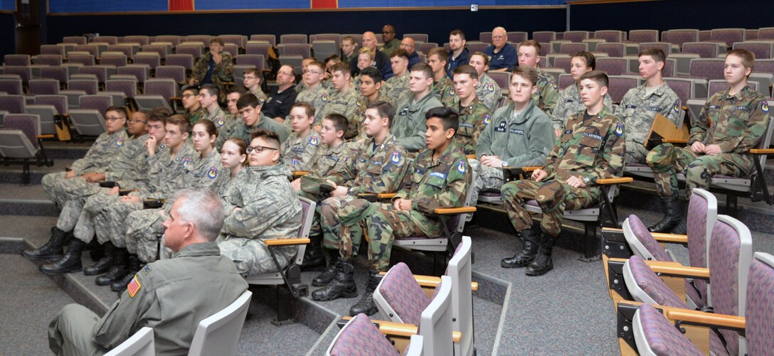 Civil Air Patrol cadets and leaders listen as Lt. Col. Matthew Van De Walle, 356th Airlift Squadron instructor pilot, presents the wing’s mission briefing at Joint Base San Antonio-Lackland, Texas March 12, 2019. The cadets visited the Alamo Wing for an incentive flight on a C-5M Super Galaxy.