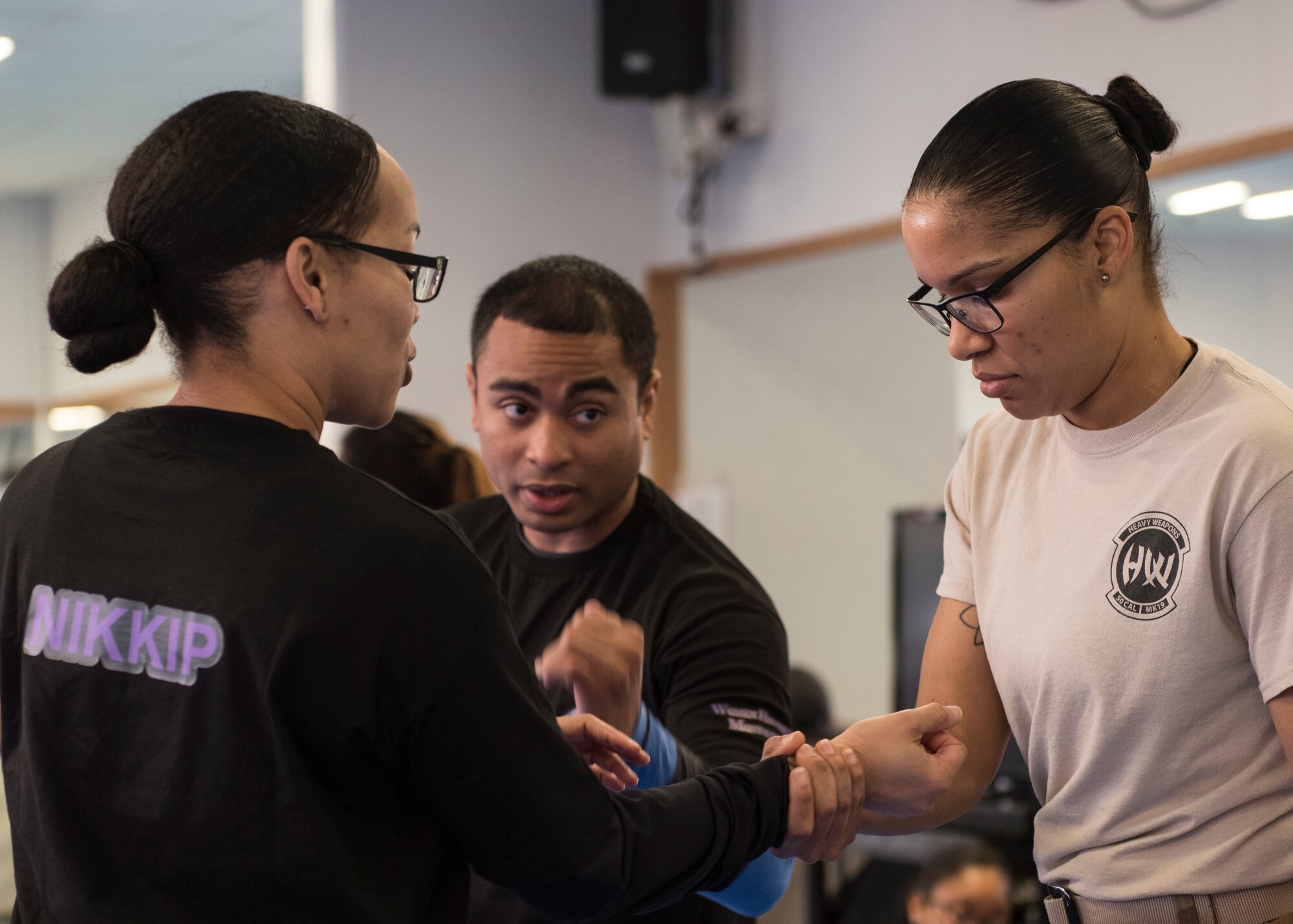 Tech. Sgt. James Baldwin, 39th Security Forces Squadron NCO in-charge of standardization and evaluations, teaches techniques during a self-defense class March 19, 2019, at Incirlik Air Base, Turkey.