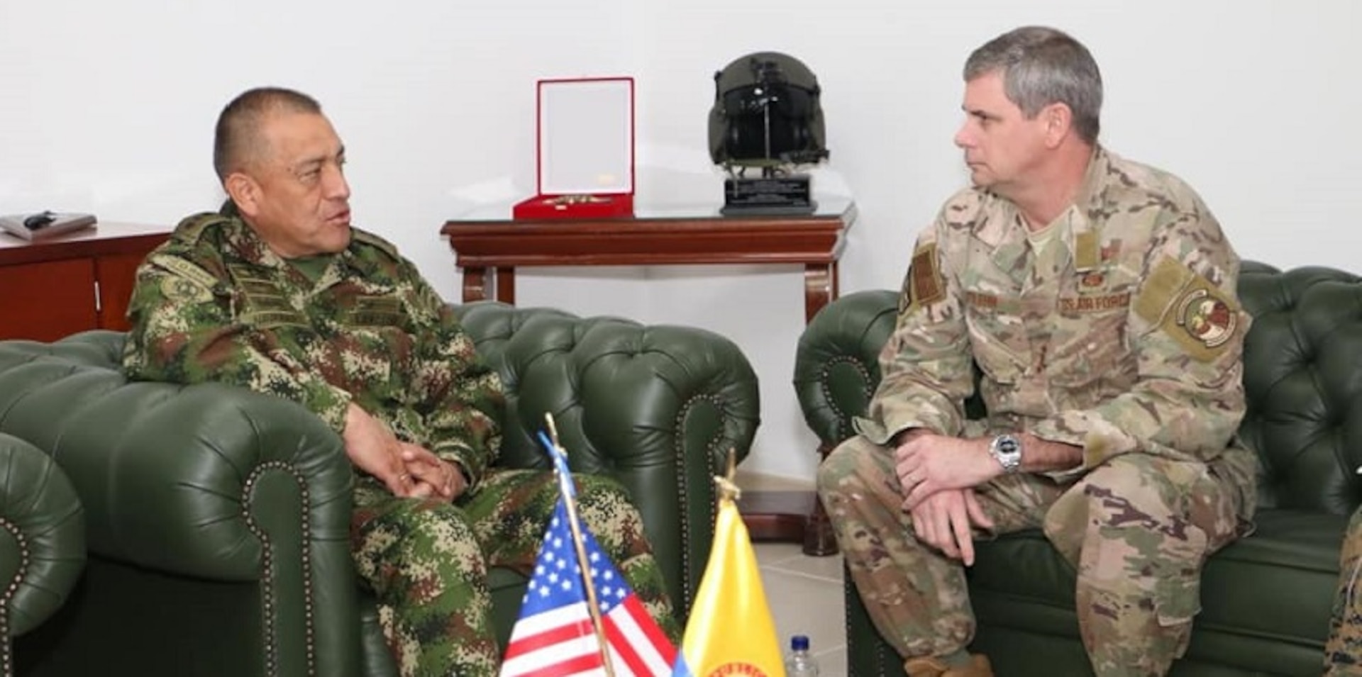 U.S. Southern Command's Military Deputy Commander, U.S. Air Force Lt. Gen. Michael Plehn, meets with Colombian Army Maj. Gen. Luis Navarro Jiménez, Commanding General of the Colombian Military Forces.