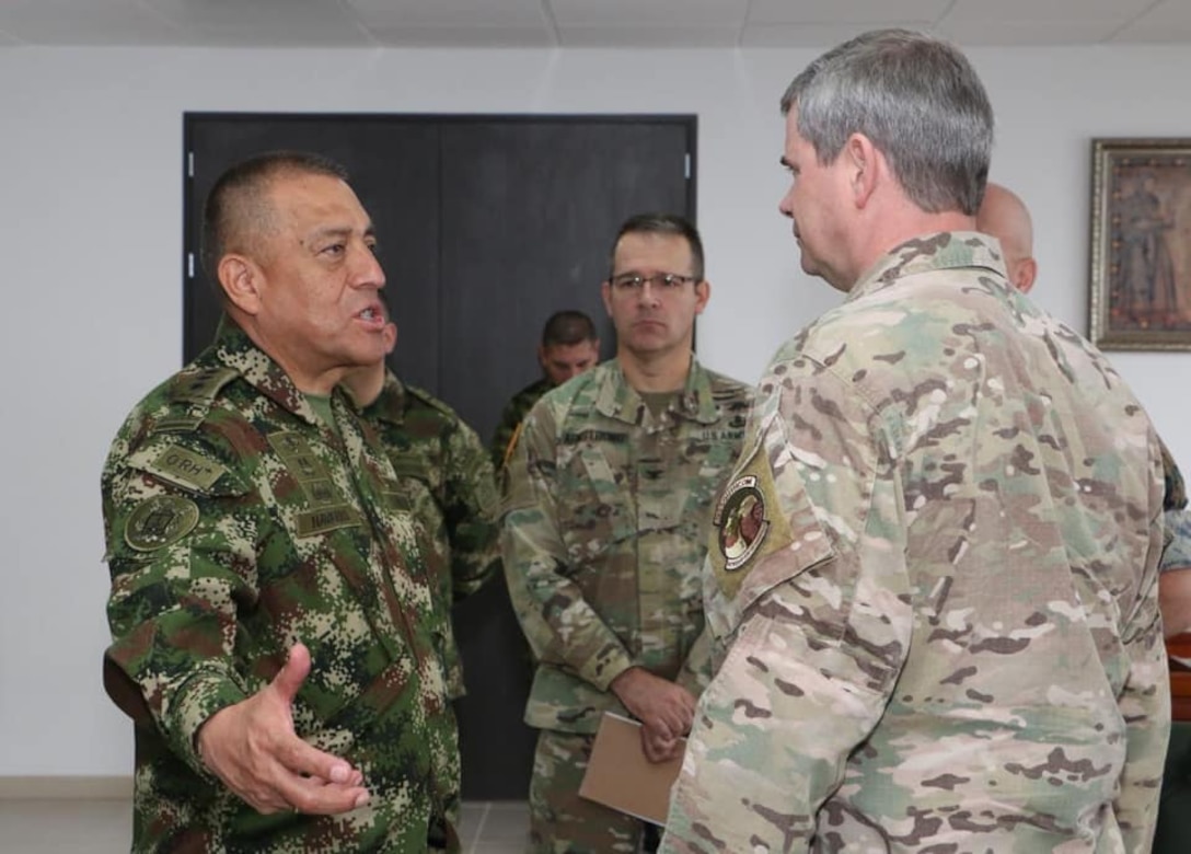 U.S. Southern Command's Military Deputy Commander, U.S. Air Force Lt. Gen. Michael Plehn, meets with Colombian Army Maj. Gen. Luis Navarro Jiménez, Commanding General of the Colombian Military Forces.