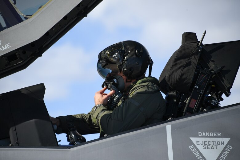 An F-35A Lightning II pilot from the 388th Fighter Wing goes through pre-flight checks. Pilots and maintainers here recently completed the first F-35A rapid crew swap exercise, which cuts hours off the time between sorties. (U.S. Air Force file photo by R. Nial Bradshaw)