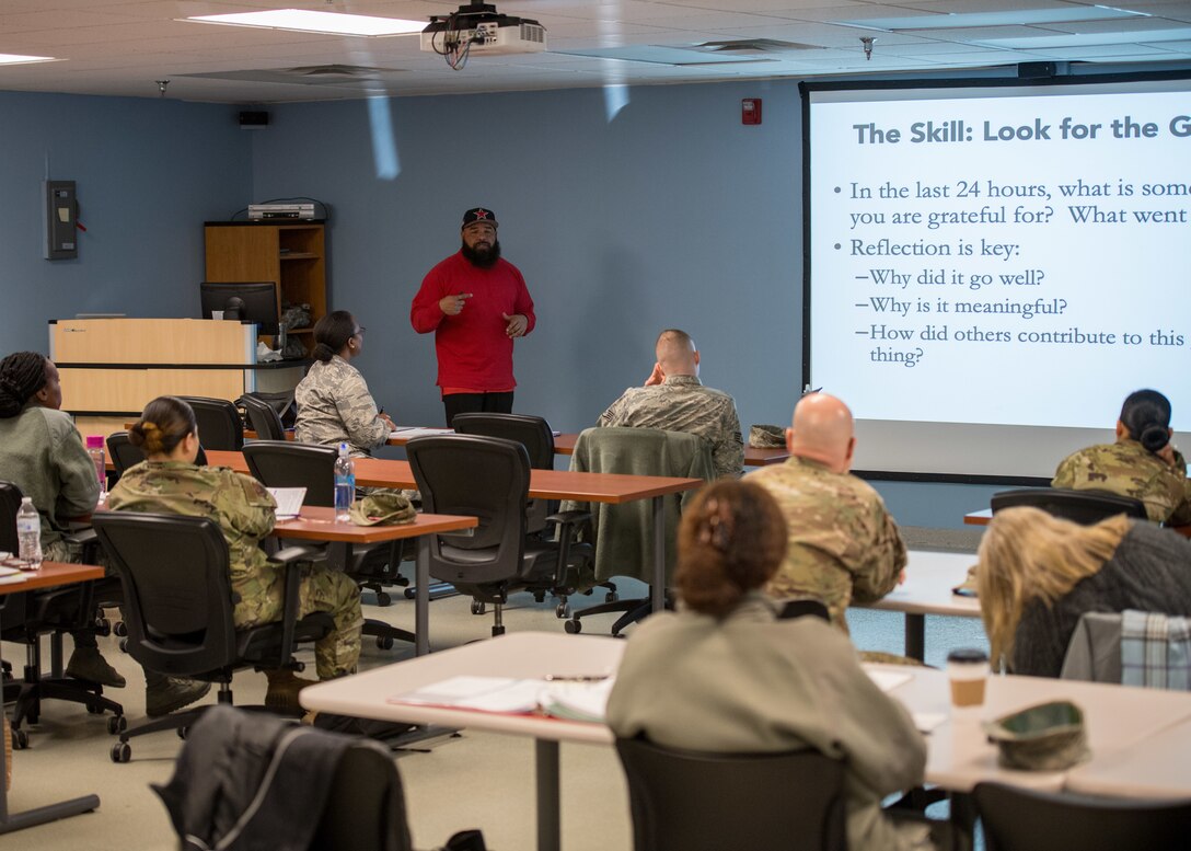 Otis West, master resilience trainer facilitator, presents the new resilience curriculum to a group of MRTs at Joint Base Langley-Eustis, Virginia, March 19, 2019.