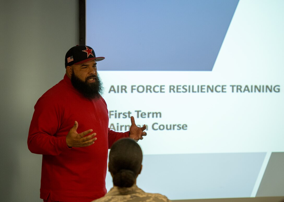 Otis West, master resilience trainer facilitator, presents the new resilience curriculum to a group of MRTs at Joint Base Langley-Eustis, Virginia, March 19, 2019.
