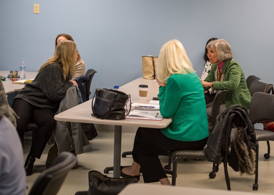 A group of master resilience trainers talk about the new resilience curriculum during its presentation at Joint Base Langley-Eustis, Virginia, March 19, 2019.