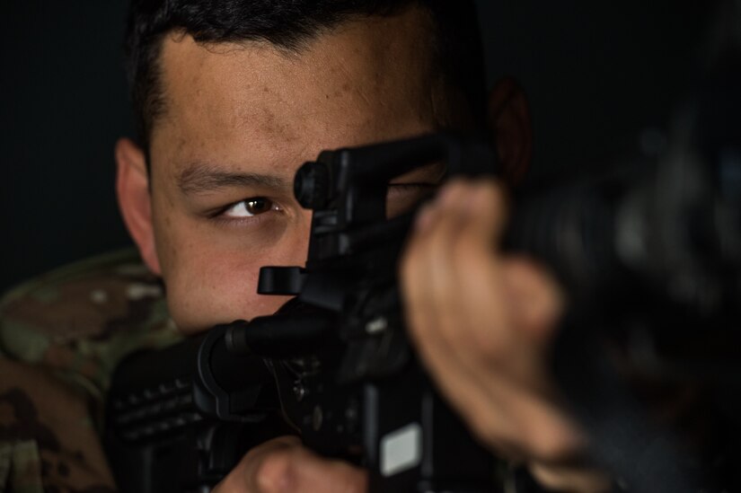 U.S. Army Pvt. Samuel Hathaway, Foxtrot Company, 1st Battalion, 210th Aviation Regiment, 128th Avn. Brigade student, trains at the Engagement Skills Trainer at Joint Base Langley-Eustis, Virginia, March 20, 2019.