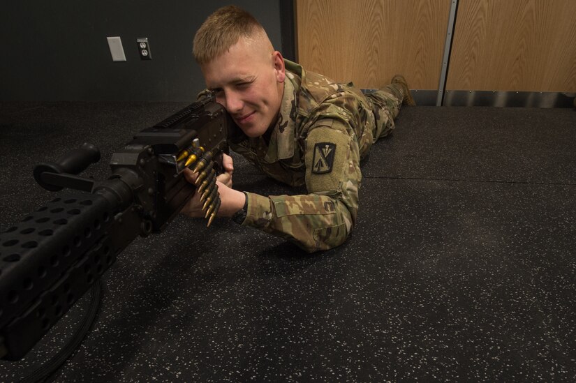 U.S. Army Pvt. Stefan Caswell, Foxtrot Company, 1st Battalion, 210th Aviation Regiment, 128th Avn. Brigade student, trains at the Engagement Skills Trainer at Joint Base Langley-Eustis, Virginia, March 20, 2019.