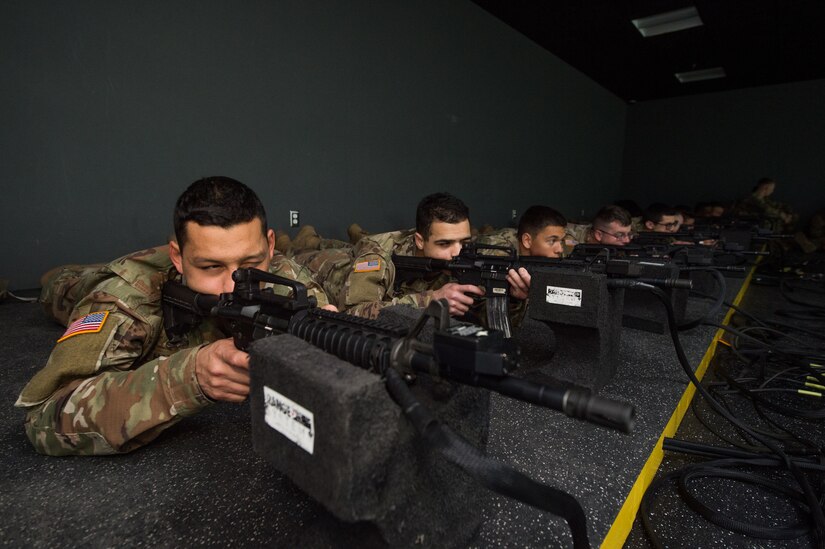 U.S. Army Soldiers from the Foxtrot Company, 1st Battalion, 210th Aviation Regiment, 128th Avn. Brigade train at the Engagement Skills Trainer at Joint Base Langley-Eustis, Virginia, March 20, 2019.