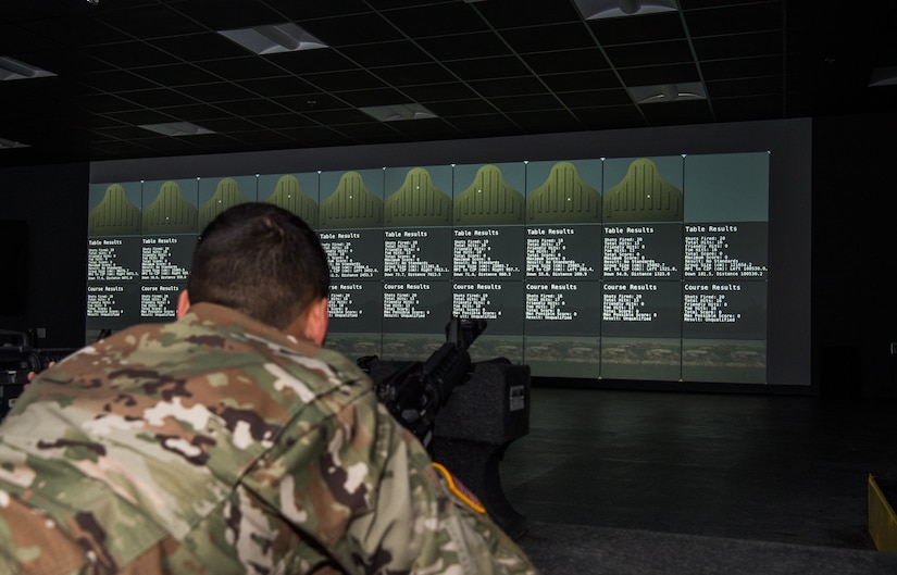 A U.S. Army Soldier from the Foxtrot Company, 1st Battalion, 210th Aviation Regiment, 128th Avn. Brigade trains at the Engagement Skills Trainer at Joint Base Langley-Eustis, Virginia, March 20, 2019.