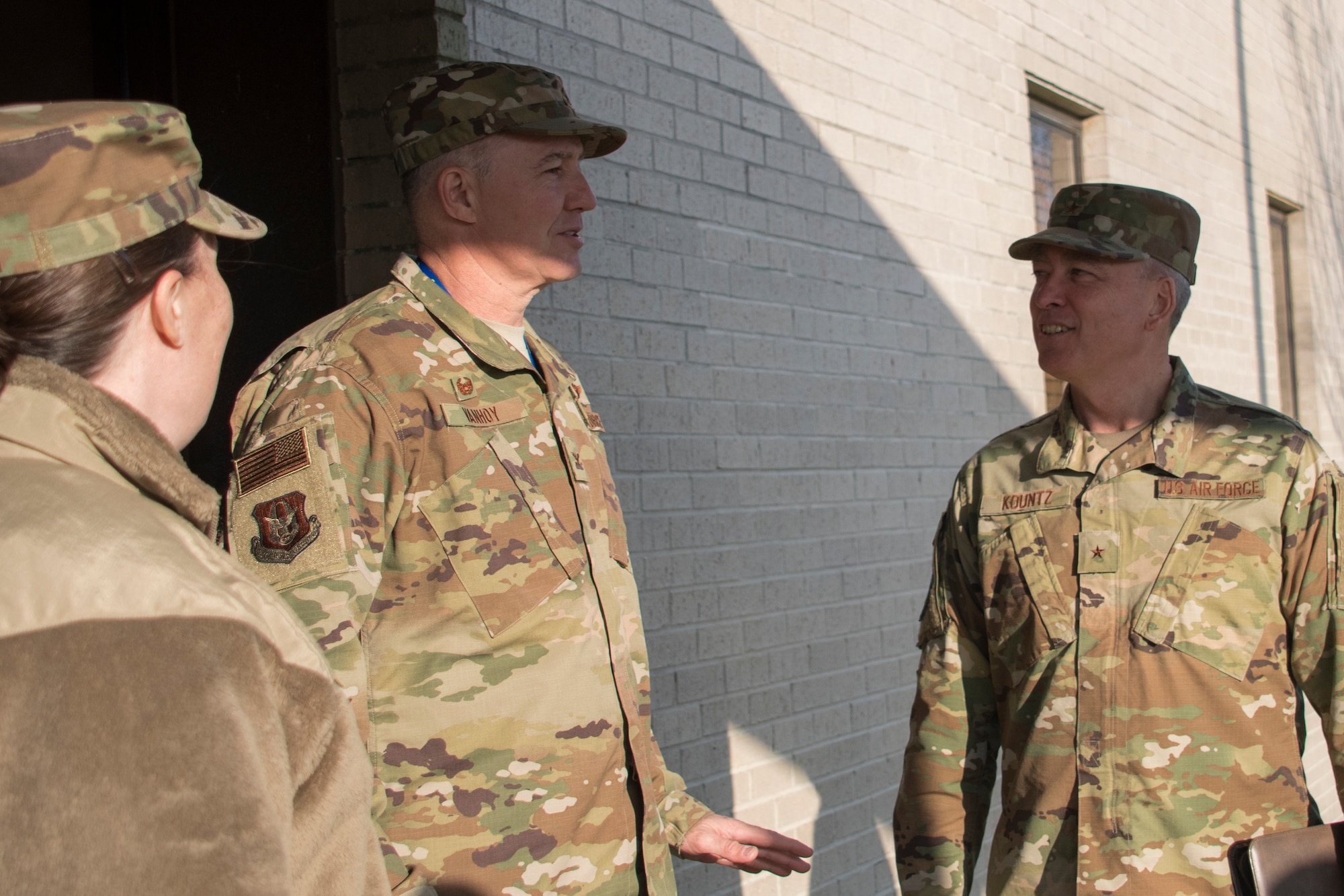 Col. Courtney Hamilton, 307th Bomb Wing vice-commander, and Col. Robert VanHoy, 307th Bomb Wing commander, greet Brig. Gen. William Kountz, Air Force Reserve Command director of logistics, engineering and force protection, at Barksdale Air Force Base, Louisiana, March 19, 2019.  Kountz arrived to learn more about the mission of the 307th Maintenance Group by speaking directly with Reserve Citizen Airmen of the unit.  (U.S. Air Force photo by Master Sgt. Ted Daigle)