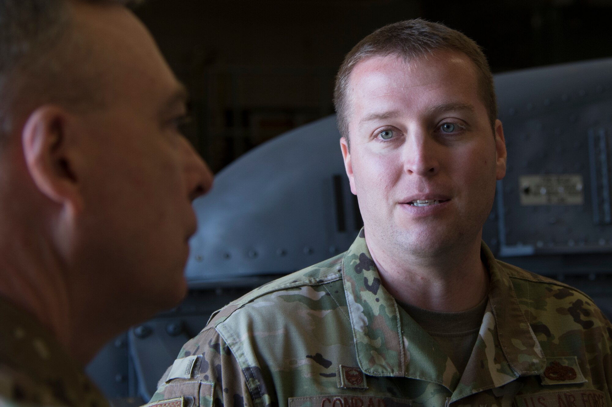 Maj. Bernard Conrad, 307th Maintenance Squadron commander, speaks with Brig. Gen. William Kountz, Air Force Reserve Command director of logistics, engineering and force protection at Barksdale Air Force Base, Louisiana, March 19, 2019.  Kountz was on hand to learn more about the unit and its mission.  During his visit, Kountz spoke with Reserve Citizen Airmen throughout the 307th Bomb Wing to learn more about the opportunities and challenges facing the unit. (U.S. Air Force photo by Master Sgt. Ted Daigle)