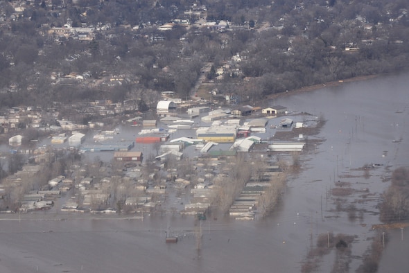 Areas surrounding Offutt Air Force Base stand affected by flood waters March 17, 2019. An increase in water levels of surrounding rivers and waterways caused by record-setting snowfall over the winter in addition to a large drop in air pressure caused widespread flooding across the state of Nebraska. (U.S. Air Force photo by TSgt. Rachelle Blake)