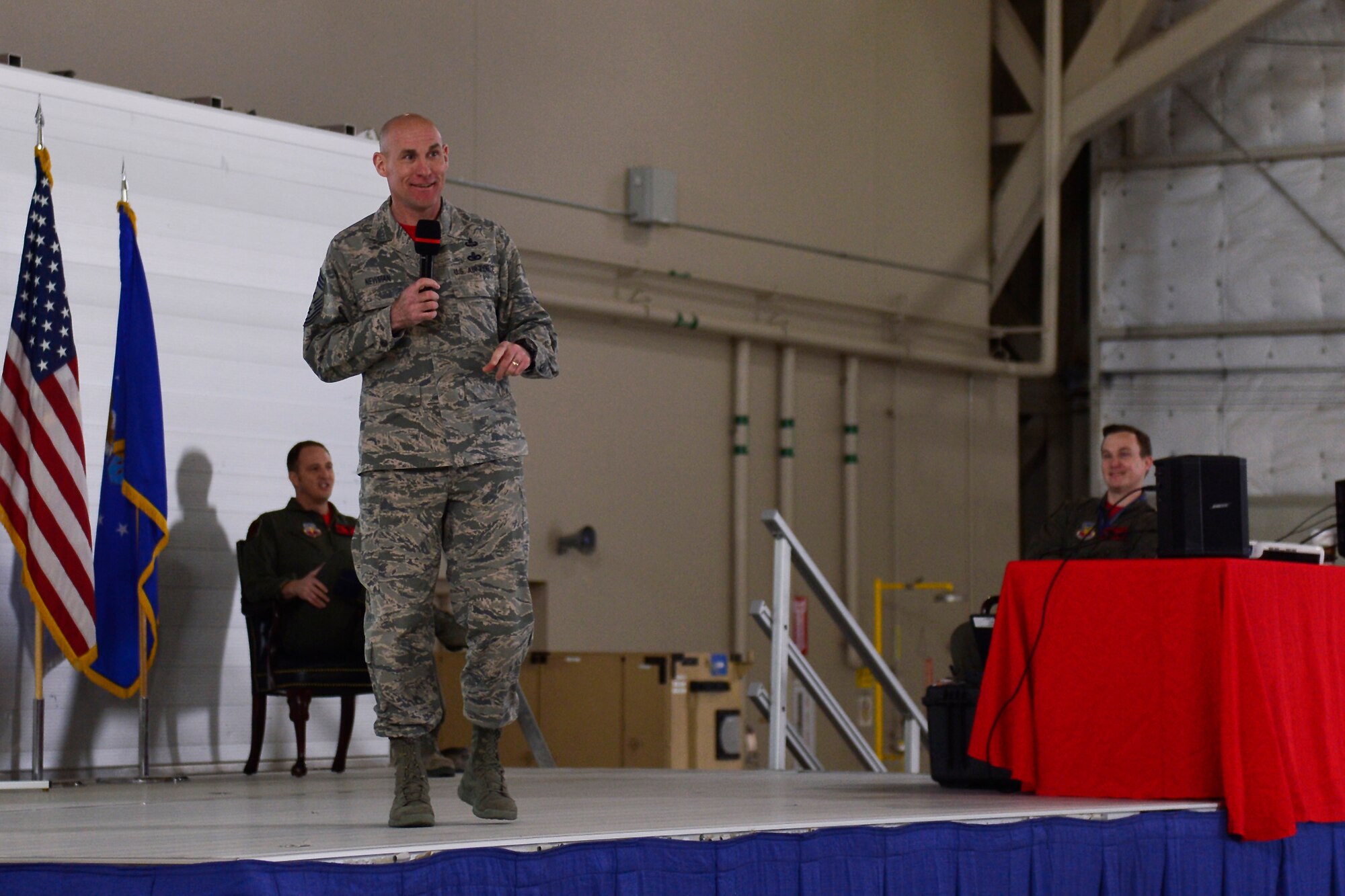 Chief Master Sgt. Jamie Newman, 432nd Wing/432nd Air Expeditionary Wing command chief, explains the importance of being a wingman to help prevent suicide during an all-call at Creech Air Force Base, Nevada, Mar. 8, 2019. Newman and Col. Julian Cheater, 432nd WG/432nd AEW commander, touched on a variety of topics ranging from reaching four million flight hours to supporting the Hunter family, career progression and training. (U.S. Air Force photo by Tech. Sgt. Dillon White)
