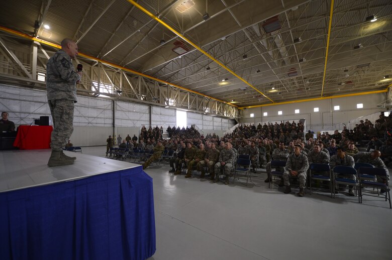 Chief Master Sgt. Jamie Newman, 432nd Wing/432nd Air Expeditionary Wing command chief, talk about recent changes to the Senior NCO promotion process during an all-call at Creech Air Force Base, Nevada, Mar. 8, 2019. This all-call provided 432nd WG leadership with the ability to update Airmen at Creech, as well as the geographically separated units at Ellsworth, Shaw and Whiteman AFBs. (U.S. Air Force photo by Tech. Sgt. Dillon White)