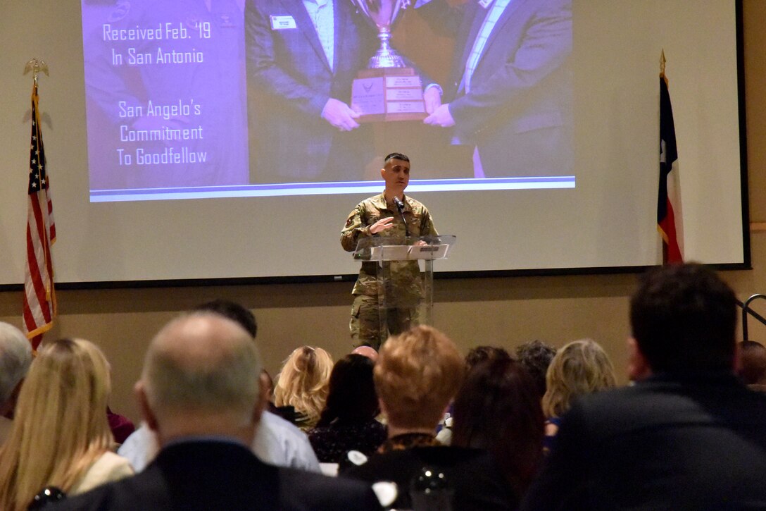 U.S. Air Force Col. Ricky Mills, 17th Training Wing commander, talks about San Angelo winning the Altus Trophy at the Chamber of Commerce Membership Luncheon at the McNease Convention Center in San Angelo, Texas, March 19, 2019. San Angelo and Goodfellow are the only base and community in Air Education and Training Command to win this award twice. (U.S. Air Force photo by 2nd Lt. Matthew Stott/Released)