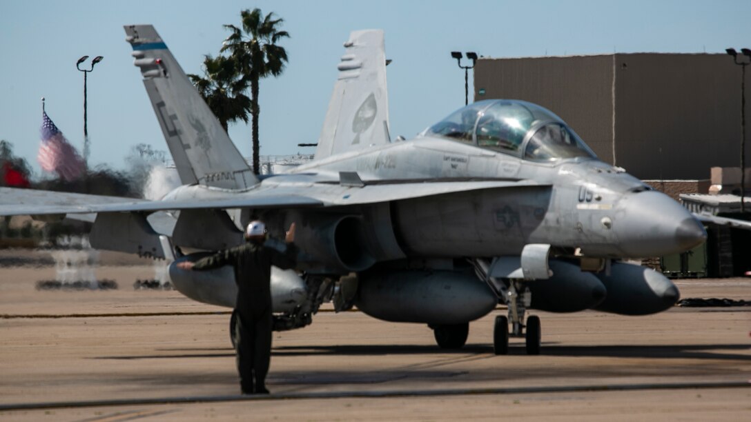 Marines with Marine Fighter Attack Squadron 225, Marine Aircraft Group 11, 3rd Marine Aircraft Wing, return to Marine Corps Air Station Miramar, Calif., March 15, following a six-month Unit Deployment Program in Japan. Marines and Sailors flew, fixed, and fought alongside foreign forces throughout Guam, South Korea, and Japan as part of America’s Expeditionary Force in Readiness. (U.S. Marine Corps photo by Lance Cpl. Julian Elliott-Drouin)