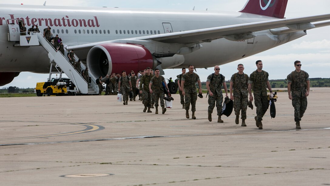 Marines with Marine Fighter Attack Squadron (All-Weather) [VMFA(AW)] 225, Marine Aircraft Group (MAG) 11, 3rd Marine Aircraft Wing, return to Marine Corps Air Station Miramar, Calif., March 10, following a six-month Unit Deployment Program (UDP) in Japan. Marines and Sailors trained alongside foreign forces throughout Guam, South Korea, and Japan as part of America's Expeditionary Force in Readiness. (U.S. Marine Corps photo by Lance Cpl. Julian Elliott-Drouin)