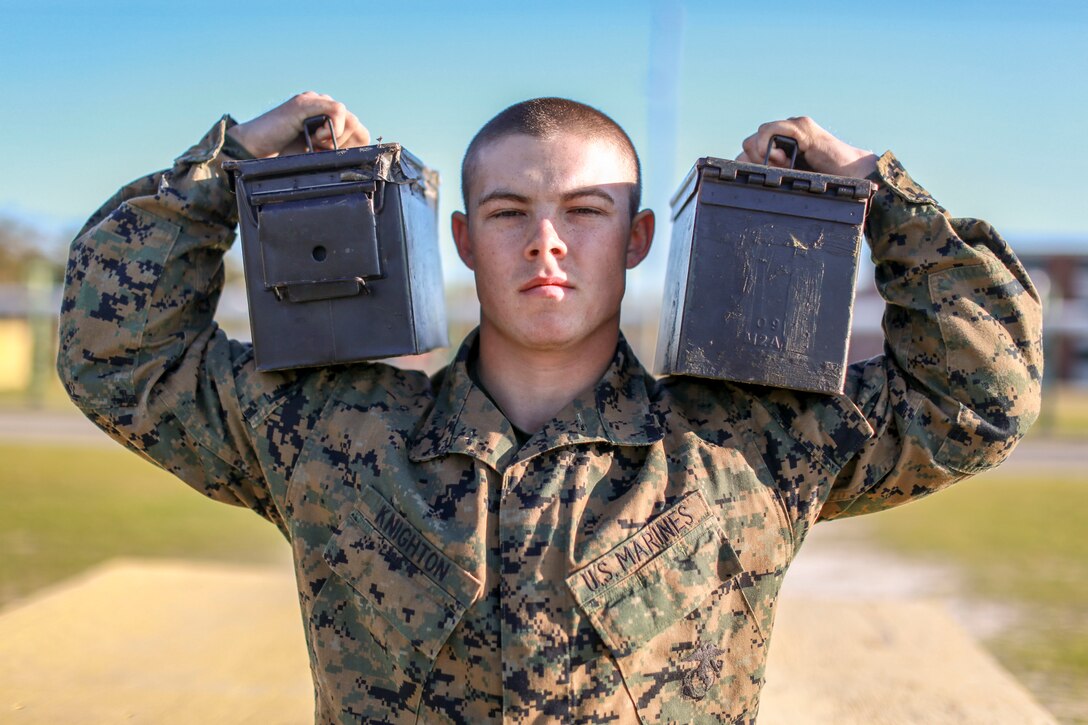 Recruit Dillon Knighton, with Fox Company, 2nd Recruit Training Battalion, poses for a photo after completing a Combat Fitness Test at Marine Corps Recruit Depot Parris Island, South Carolina March 20, 2019. Knighton is a native of Columbus, North Carolina.
