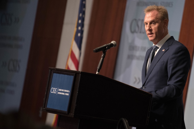 Acting Defense Secretary Patrick M. Shanahan speaks at a podium.