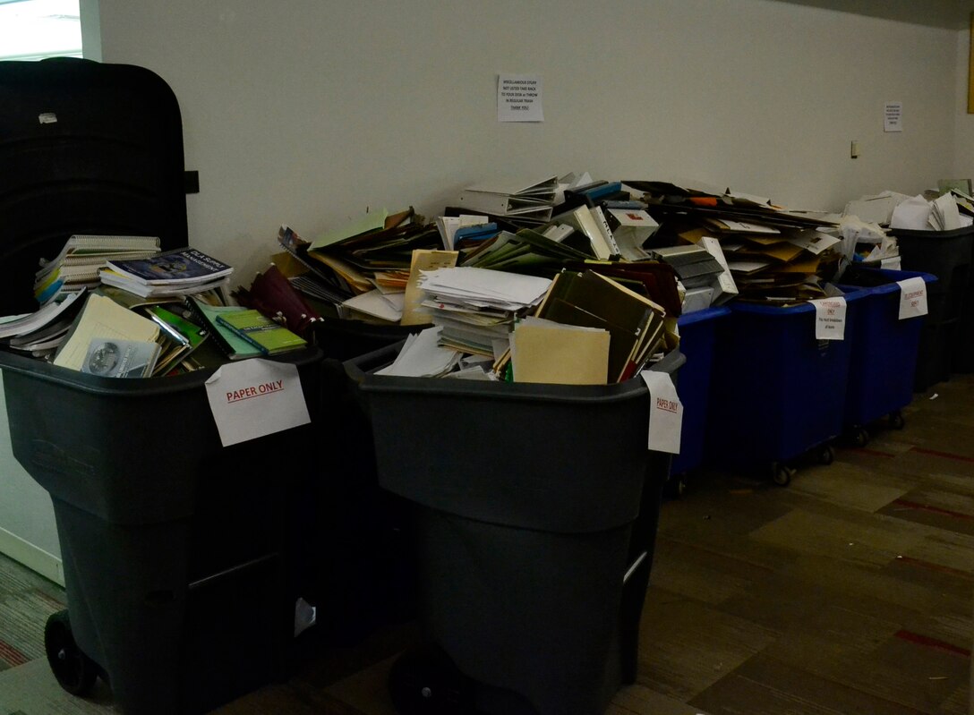 Trash and recycling bins overflowing with papers lined the hallways of Building 3 during the Construction & Equipment supply chain spring clean-up event March 20, 2019 in Philadelphia. The employees participated in the housekeeping component of the VPP program, an OSHA led initiative, that encourages cooperative efforts between management, employees and unions to reduce mishaps, pest and improve workplace safety. (Photo by Janeen Hayes).