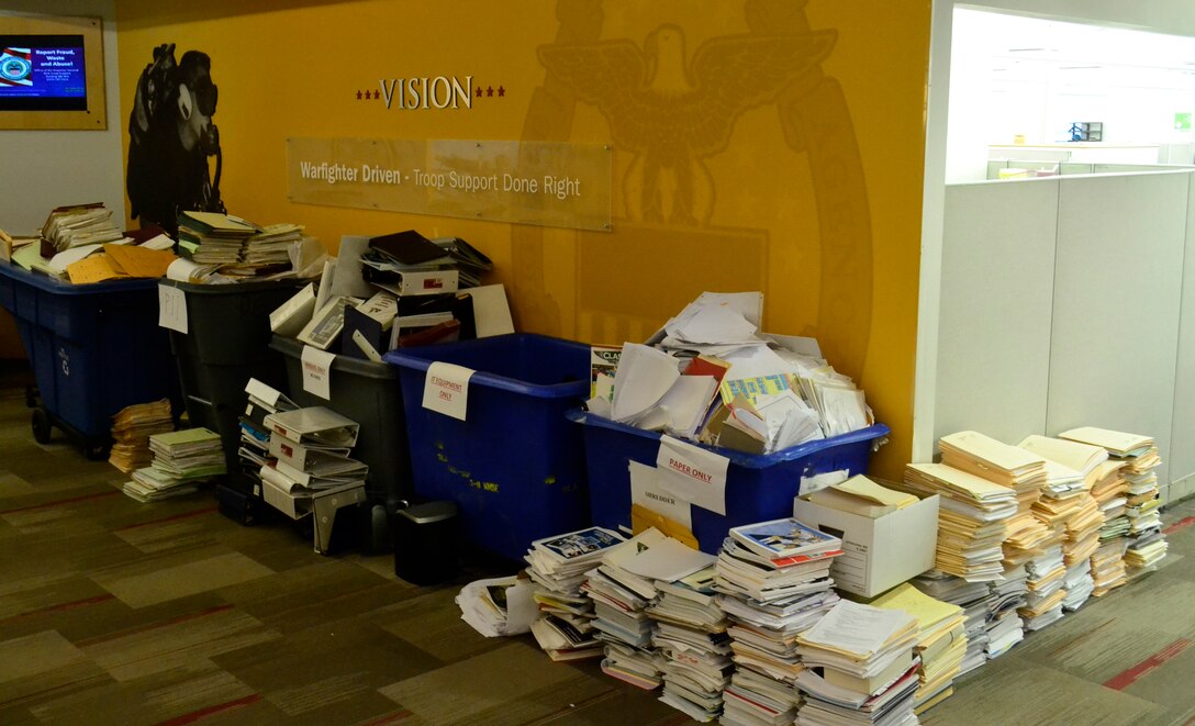 Piles of documents fill the hallways of Building 3 during the DLA Troop Support Construction and Equipment supply chain spring clean-up event March 20, 2019 in Philadelphia. The employees participated in the housekeeping component of the VPP program, an OSHA led initiative, that encourages cooperative efforts between management, employees and unions to reduce mishaps, pest and improve workplace safety.  (Photo by Janeen Hayes).