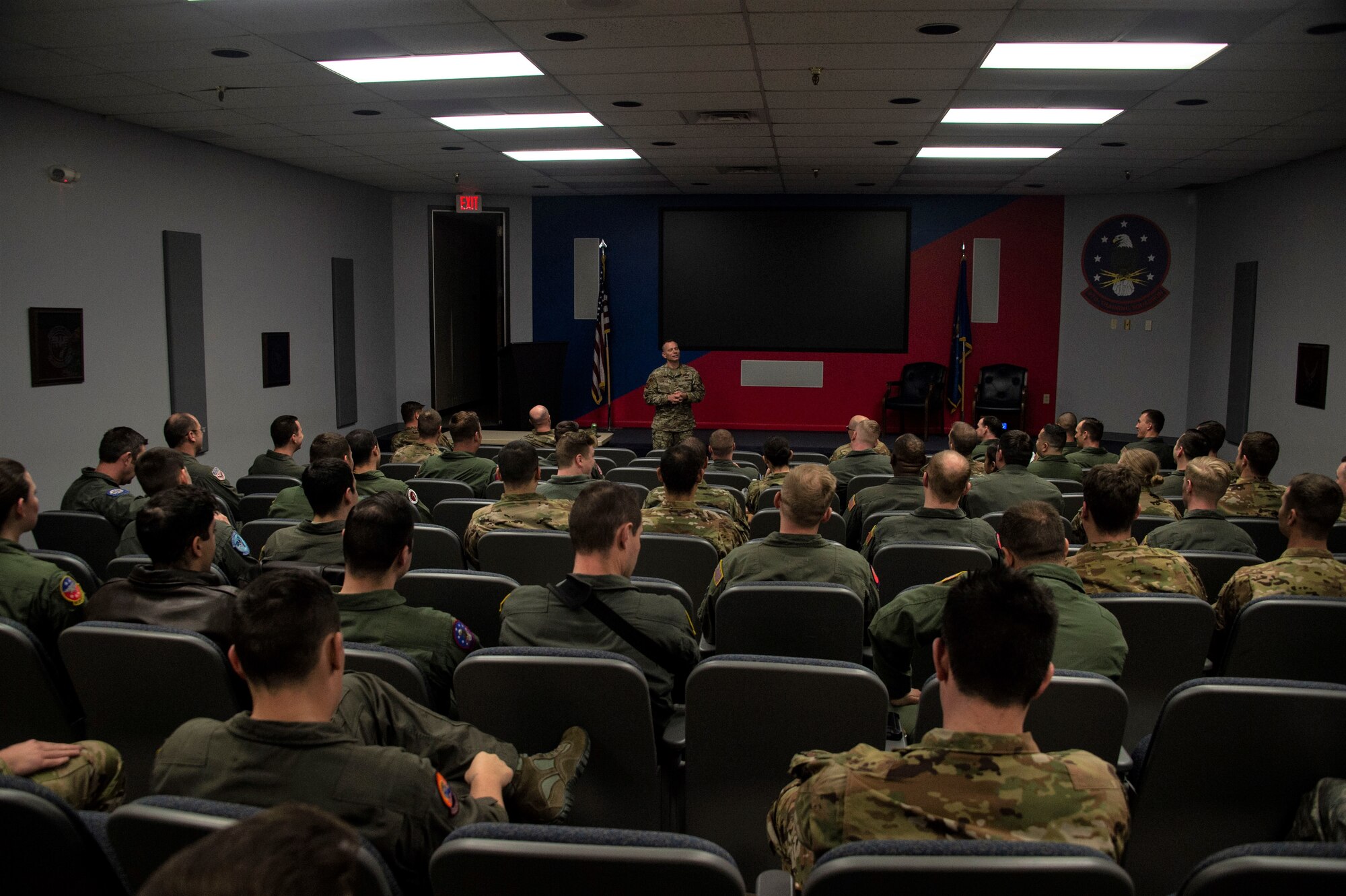 U.S. Air Force Chief Master Sgt. Erik Thompson, command chief of the 19th Air Force, talks to career enlisted aviators about their bigger role in the Air Force, March 15, 2019, at Altus Air Force Base, Okla.