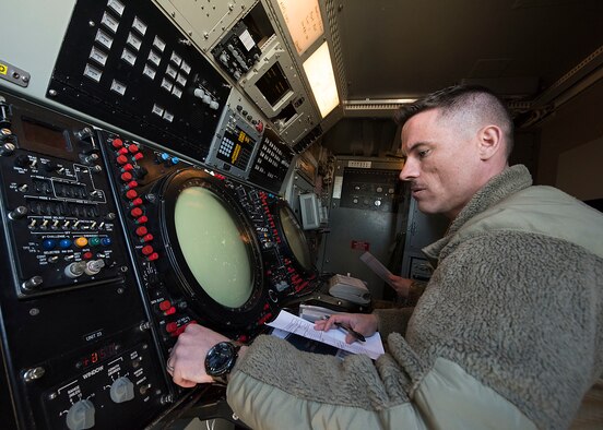U.S. Air Force Tech. Sgt. Blake Johnson, 726th Air Control Squadron (ACS) Command and Control Battle Management Operator, looks over a radar on the Nevada Test and Training Range (NTTR) March 19, 2019. The 726th ACS, “Hardrock”, are a Control and Reporting Center (CRC) responsible for mobile, decentralized command and control of joint operations by conducting threat warning, battle management, theater missile defense, weapons control, combat identification, and strategic communications. (U.S. Air Force photo by Airman 1st Class Bryan Guthrie)