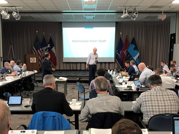 Andy Batchelor, Operations Manager for the River Thames flood defense, London, England, leads a discussion of experts on barrier designs that would work to reduce the impacts on Galveston Bay. Members of I-Storm, an international sharing network of storm surge barrier managers, met on March 18-19 with U.S. Army Corps of Engineers and the Texas General Land Office Coastal Study team members during a two-day assessment in Galveston