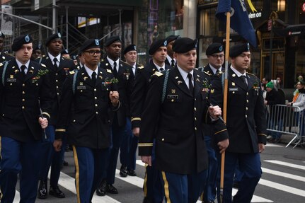 New York Army National Guard Capt. Richard Riley, the Delta Company commander, 1st Battalion, 69th Infantry, leads his Soldiers through Manhattan on March 16, 2019. Riley was leading his Soldiers through the 69th’s annual St. Patrick’s Day Parade.