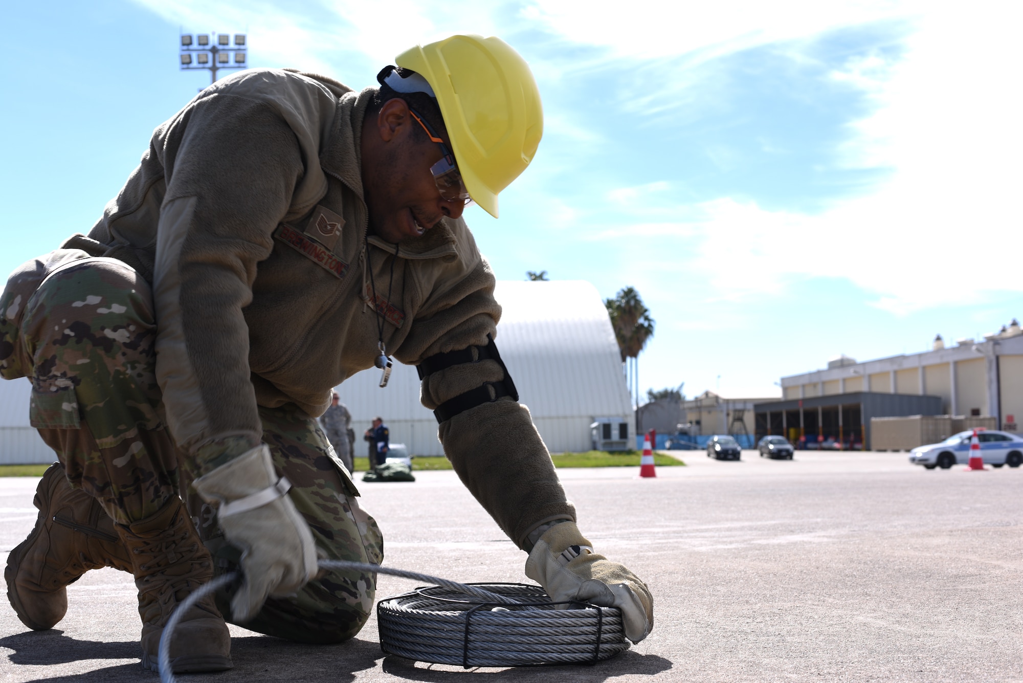 Tech. Sgt. Mitchell Brewington, 39th Maintenance Squadron crew chief, pulls a cable from a jersey barrier after an F-4 Phantom II lift March 8, 2019, at Incirlik Air Base, Turkey.