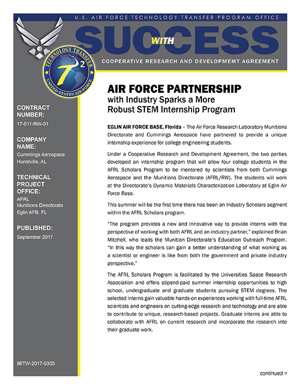 Air Force Partnership With Industry Sparks A More Robust Stem Internship Program Air Force Technology Transfer Program Success Stories