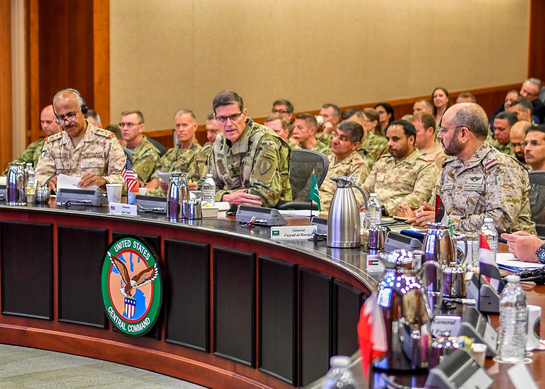 U.S. Central Command's U.S. Army Gen. Joseph Votel gives opening remarks at the "Gulf+2" chiefs of defense conference at the command's headquarters Mar. 19. More than 30 visitors from eight Arab nations came to discuss regional security issues such as maritime security, integrated air missile defense and logistics. This was CENTCOM's fourth such event in the last three years and the first held in the United States. 
(U.S. Air Force photo by Tech. Sgt. Dana Flamer)