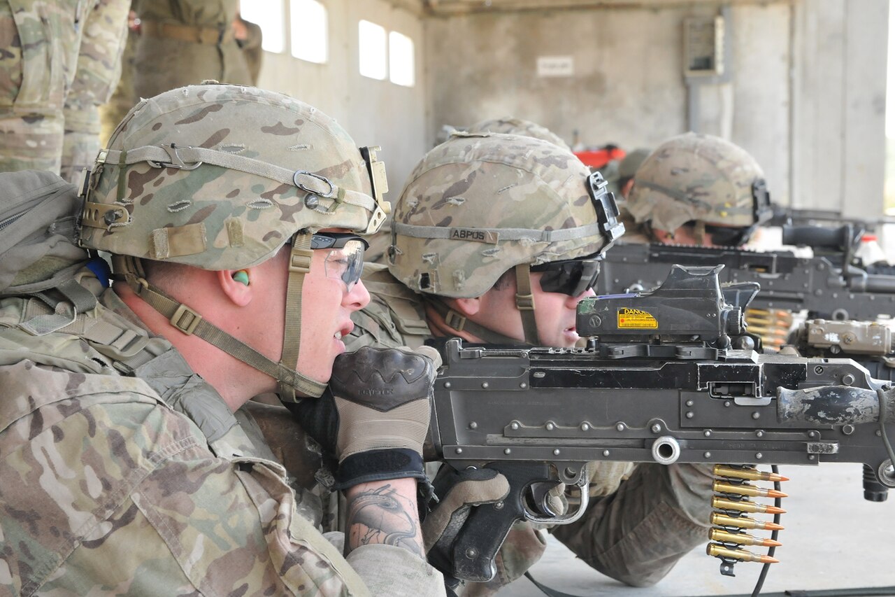 Soldiers fire machine guns.