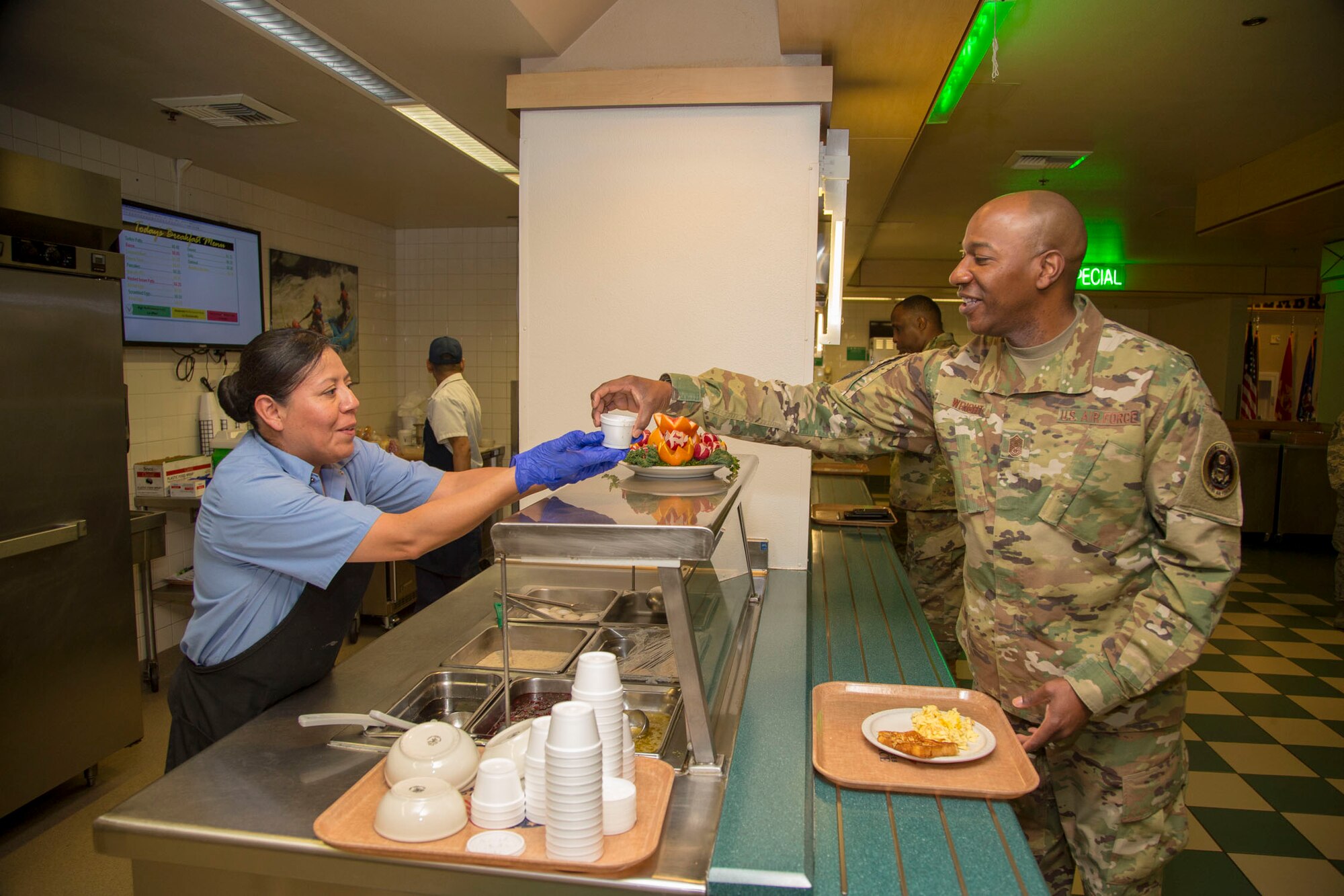 Chief Master Sgt. of the Air Force Kaleth O. Wright visits the Joshua Tree Inn Dining Facility March 18, 2019. The Air Force’s top noncommissioned officer received a two-day tour of Edwards Air Force Base. (U.S. Air Force photo by Christopher Okula)