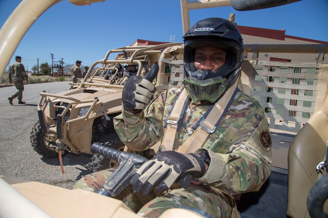 Chief Master Sgt. of the Air Force Kaleth O. Wright prepares to hit the off road with defenders of the 412th Security Forces Squadron, March 18, 2019. The Air Force’s top enlisted Airman received a two-day tour of Edwards Air Force Base. (U.S. Air Force photo by Christopher Okula)