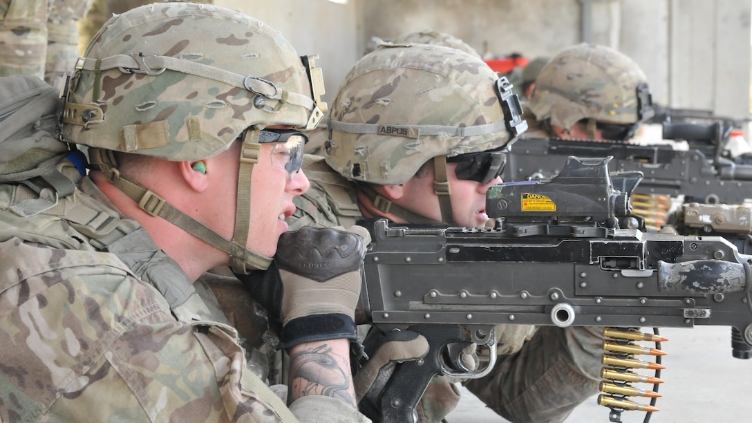 Soldiers fire machine guns.