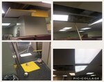 collage of four photos showing earthquake damage, ceiling tiles falling,florescent light covers broken, damaged items on floor
