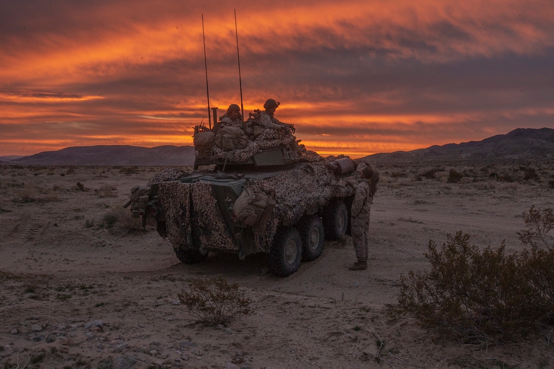 U.S. Marines with 2nd Light Armored Reconnaissance Battalion, 2nd Marine Division recuperate after conducting night time security during a deployment for training at Fort Irwin, California, March 10, 2019. The Marines of 2d Light Armored Reconnaissance Battalion participated in National Training Center 19-05 as the opposing force against the 2nd Armored Brigade Combat Team, 1st Infantry Division. The exercise provided Marines and Sailors an opportunity to sustain training in primary conventional combat operations against a peer competitor.