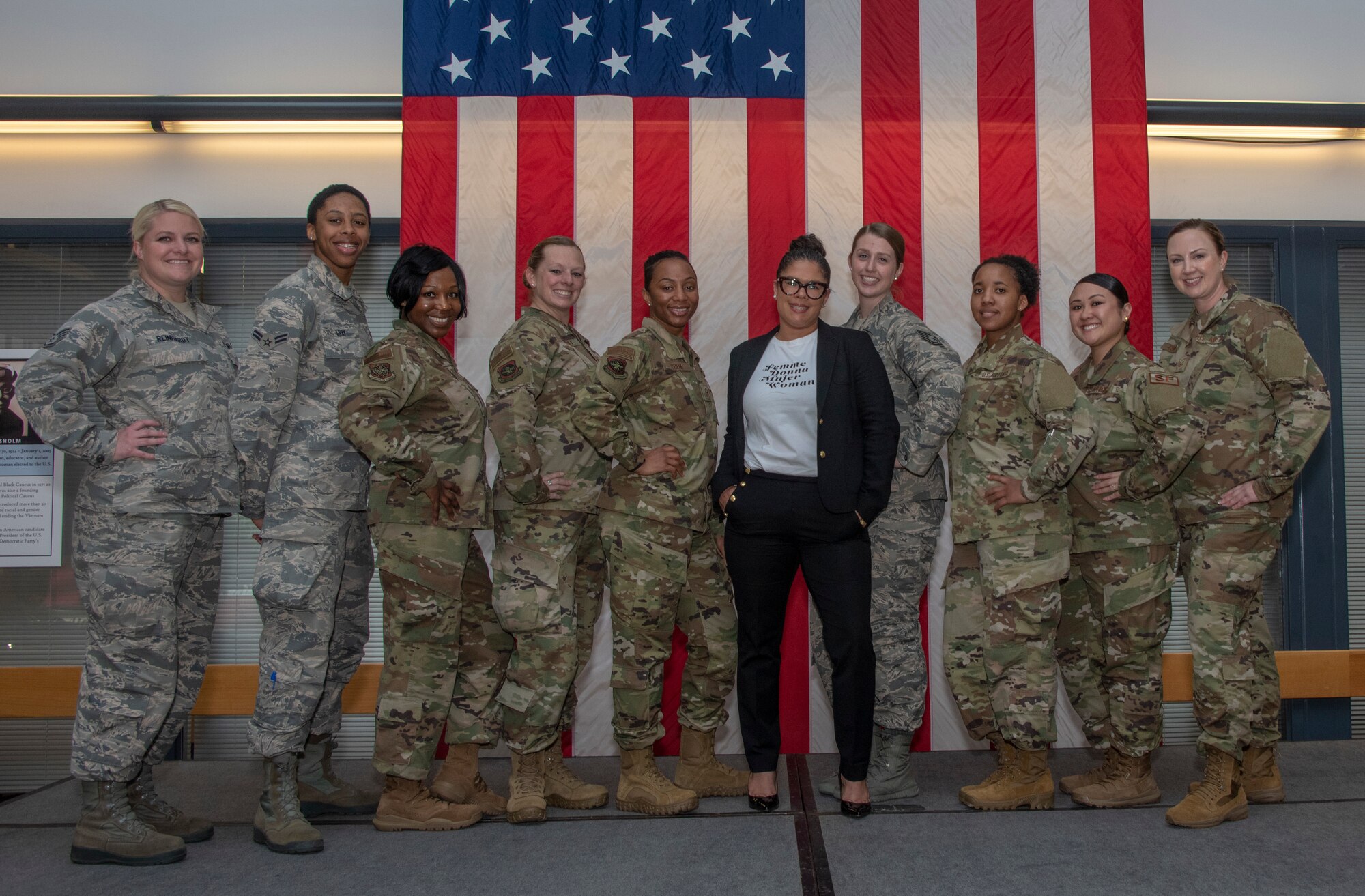Members of the Women Inspiring the Next Generation’s Success committee pause to take a photo before the start of the Women’s History Month social gathering, March 20, 2019, at Travis Air Force Base, California. Since 1987, the month of March has been designated to celebrate the historical and ongoing achievements and contributions of women. The WINGS association was responsible for organizing the event which included an exhibit highlighting extraordinary female heroes, and featured speakers prominent in the Travis community. (U.S. Air Force photo by Heide Couch)