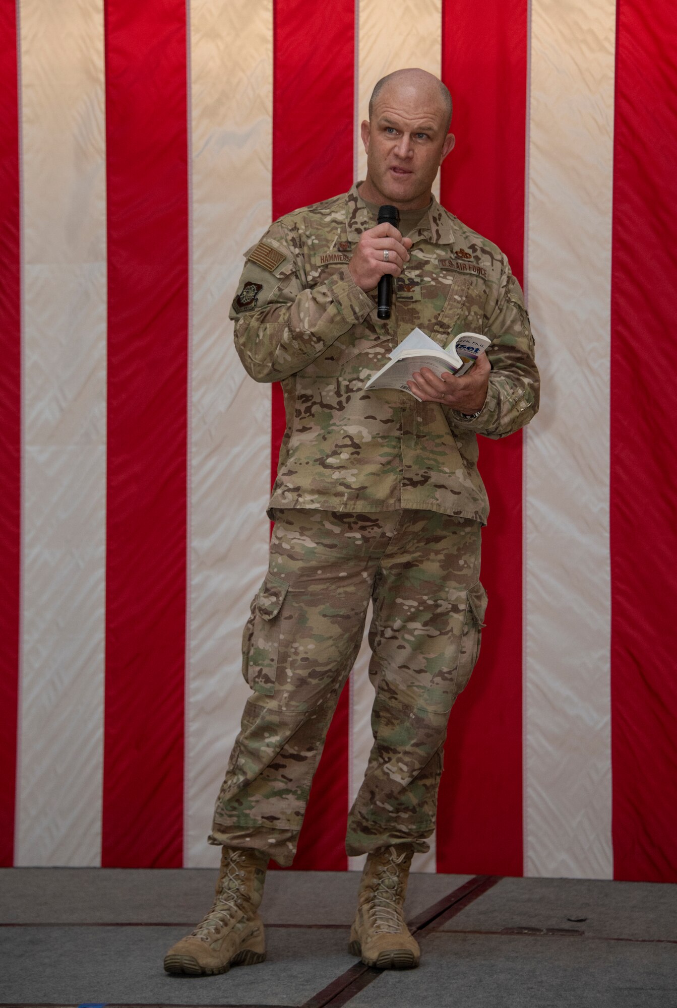 U.S. Air Force Col. David Hammerschmidt, 60th Aircraft Maintenance Group commander, delivers the opening remarks during the Women’s History Month social gathering, March 20, 2019, at Travis Air Force Base, California. Since 1987, the month of March has been designated to celebrate the historical and ongoing achievements and contributions of women. Members of the Women Inspiring the Next Generation’s Success committee were responsible for organizing the event which included an exhibit highlighting extraordinary female heroes and featured speakers prominent in the Travis community. (U.S. Air Force photo by Heide Couch)