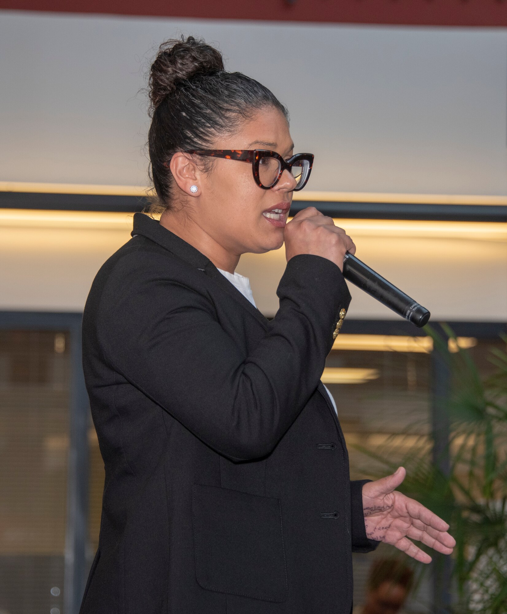 U.S. Air Force Master Sgt. Sophia Rodriguez, 144th Fighter Wing, delivers remarks during the Women’s History Month social gathering, March 20, 2019, at Travis Air Force Base, California. Since 1987, the month of March has been designated to celebrate the historical and ongoing achievements and contributions of women. Members of the Women Inspiring the Next Generation’s Success committee were responsible for organizing the event which included an exhibit highlighting extraordinary female heroes and featured speakers prominent in the Travis community. (U.S. Air Force photo by Heide Couch)