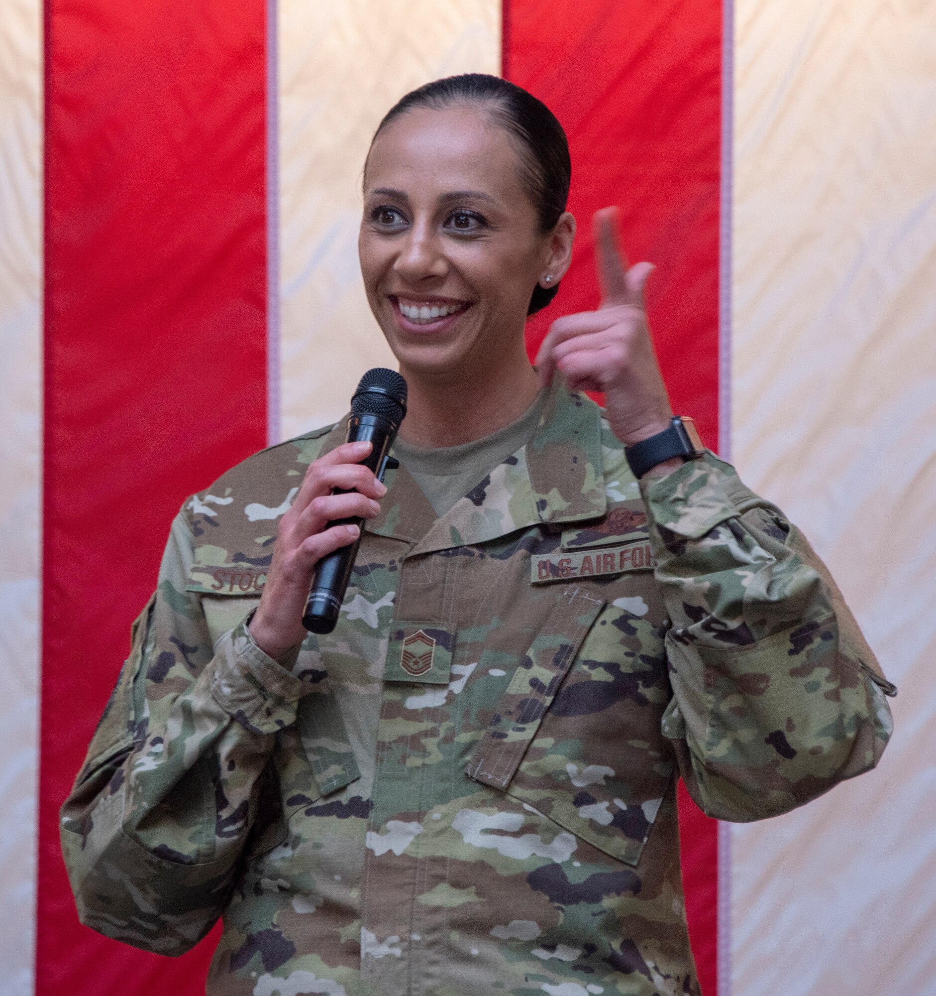 U.S. Air Force Senior Master Sgt. Lucero Stockett, 6th Air Refueling Squadron, delivers remarks during the Women’s History Month social gathering, March 20, 2019, at Travis Air Force Base, California. Since 1987, the month of March has been designated to celebrate the historical and ongoing achievements and contributions of women. Members of the Women Inspiring the Next Generation’s Success committee were responsible for organizing the event which included an exhibit highlighting extraordinary female heroes and featured speakers prominent in the Travis community. (U.S. Air Force photo by Heide Couch)
