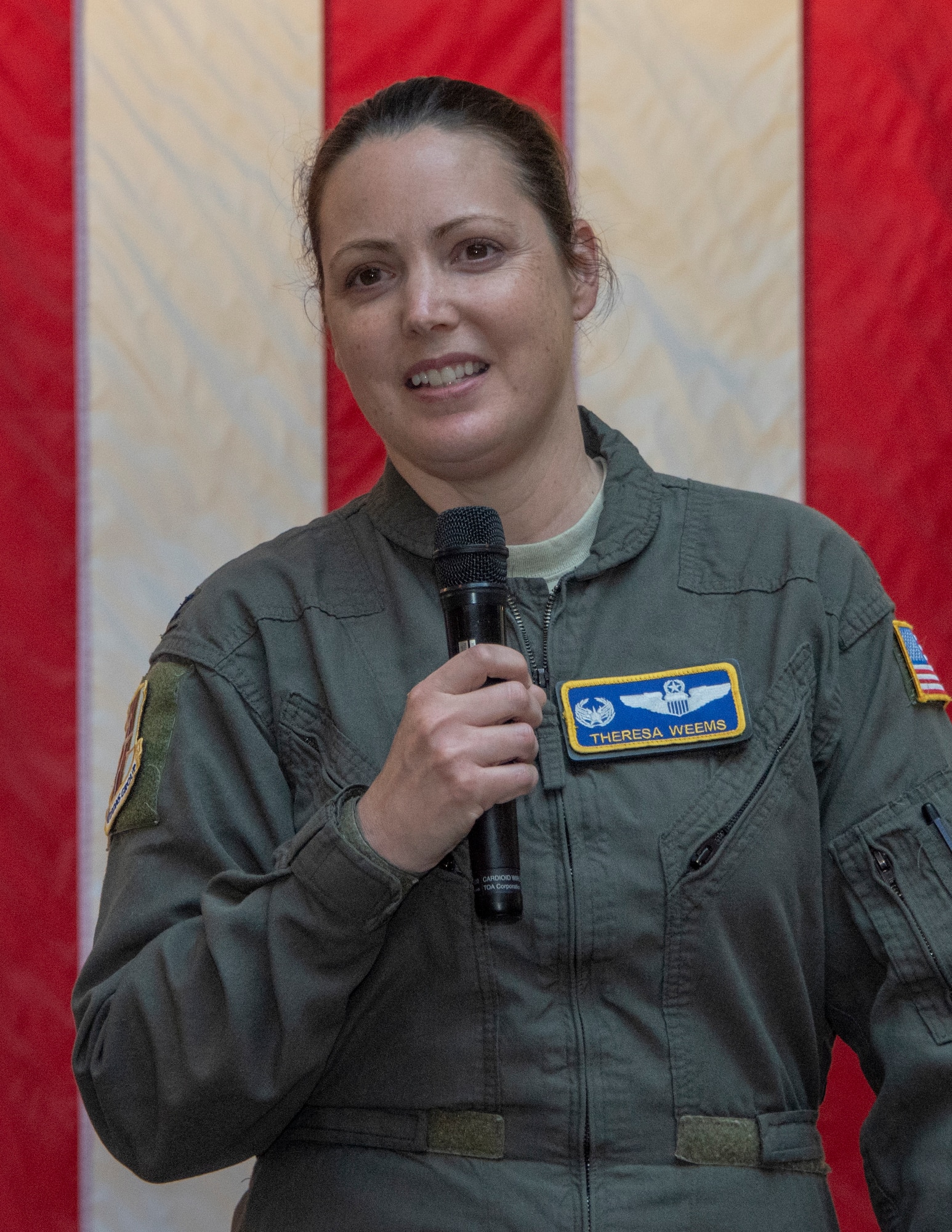 U.S. Air Force Col. Theresa Weems, 60th Operations Group commander, delivers remarks during the Women’s History Month social gathering, March 20, 2019, at Travis Air Force Base, California. Since 1987, the month of March has been designated to celebrate the historical and ongoing achievements and contributions of women. Members of the Women Inspiring the Next Generation’s Success committee were responsible for organizing the event which included an exhibit highlighting extraordinary female heroes and featured speakers prominent in the Travis community.  (U.S. Air Force photo by Heide Couch)
