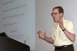 Chuck Lappan, Regional Health Command-Central health systems specialist, discusses telehealth initiatives during a class at the U.S. Army Medical Department Center & School, Health Readiness Center of Excellence, at Joint Base San Antonio-Fort Sam Houston.