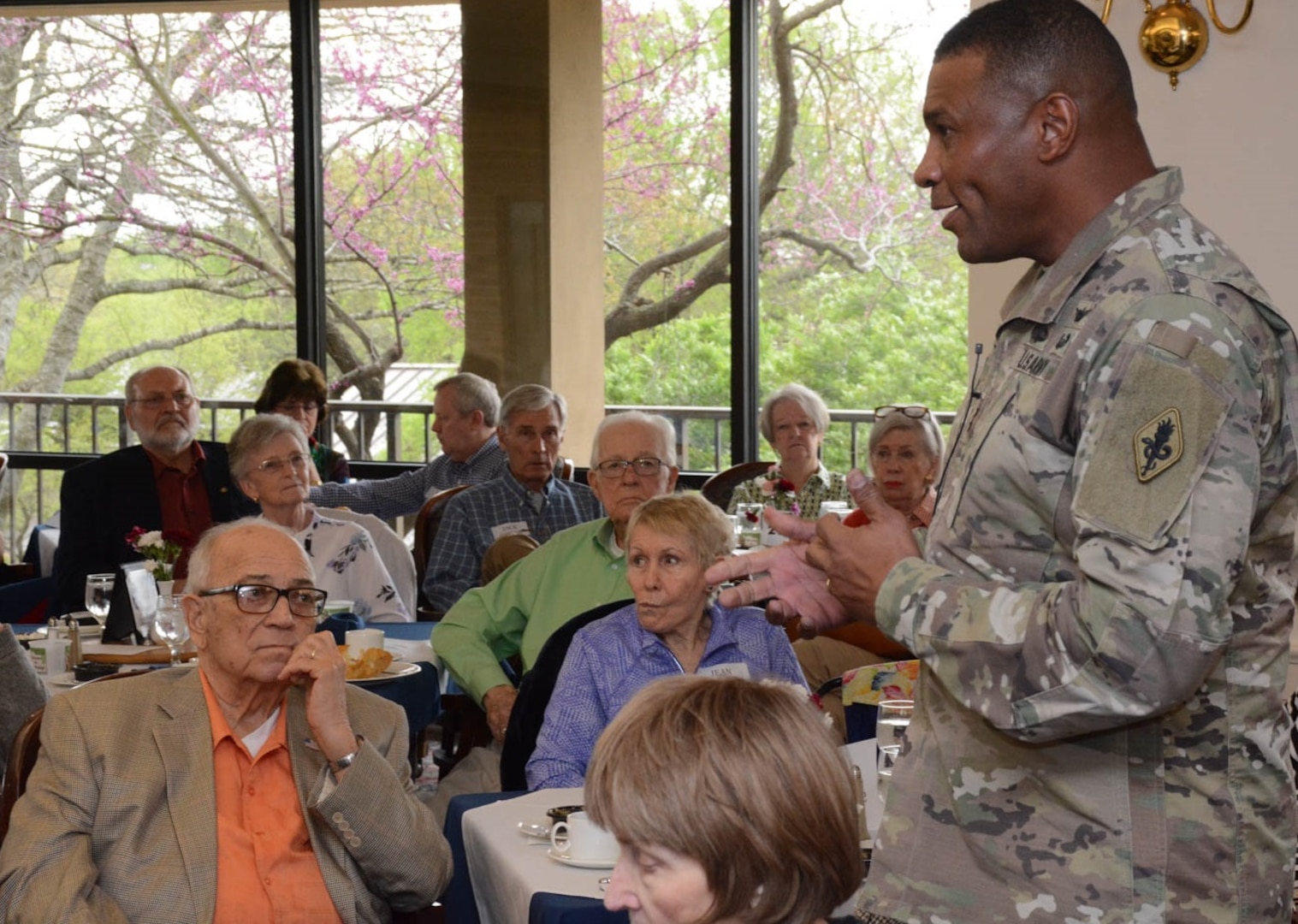 Maj. Gen. Patrick D. Sargent, U.S. Army Medical Department Center and School, Health Readiness Center of Excellence, or AMEDDC&S HRCoE, commander, addresses Army Residence Community residents March 12.