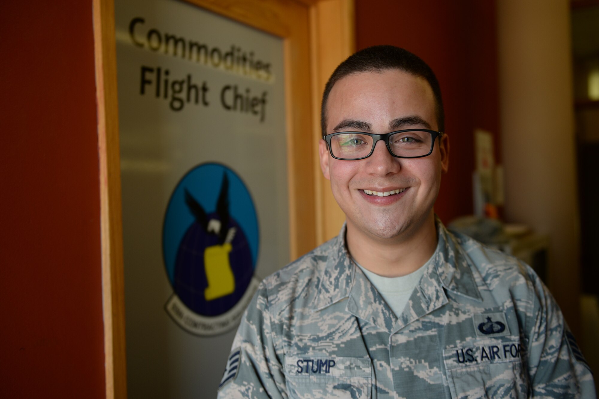 Staff Sgt. Luis Stump, 55th Contracting Squadron commodities flight chief, poses for a photo March 19, 2019, on Offutt Air Force Base, Neb. Stump led the contracting team to complete 22 contract actions totaling $650,000 during recent flood preparations. (U.S. Air Force photo by Tech. Sgt. Rachelle Blake)