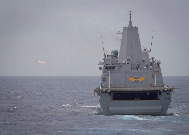 PHILIPPINE SEA (March 16, 2018) A rolling airframe missile is launched from the amphibious transport dock ship USS Green Bay (LPD 20) during a missile exercise (MSLEX). MSLEXs are designed to increase the tactical proficiency, lethality, and interoperability of participating units in an Era of Great Power Competition.