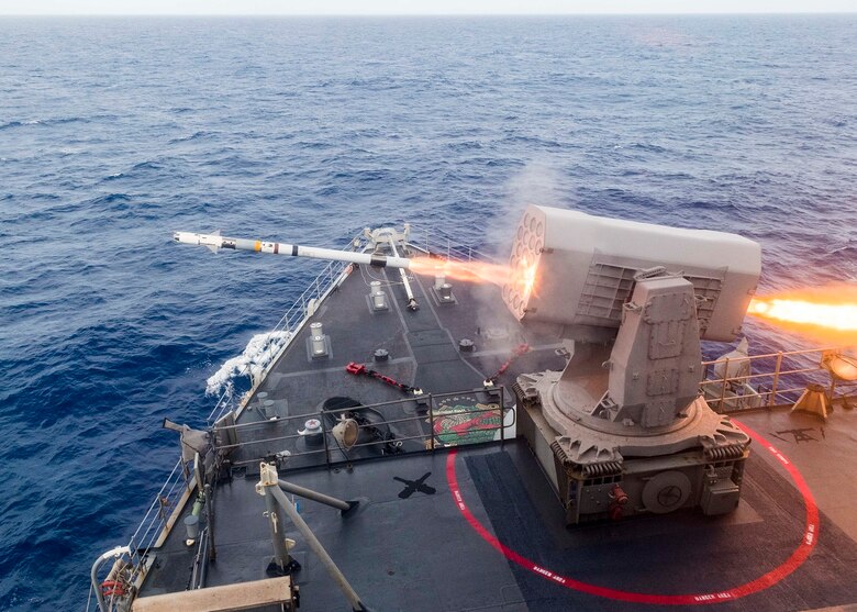 PHILIPPINE SEA (March 16, 2019) The amphibious dock landing ship USS Ashland (LSD 48) launches a Rolling Airframe Missile (RAM) during a missile exercise (MSLEX) in the Pacific Ocean, March 16, 2019. MSLEXs are designed to increase the tactical proficiency, lethality, and interoperability of participating warships in an era of great power competition.