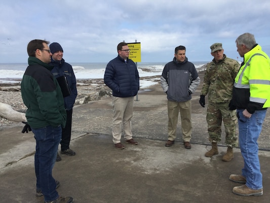 A team of U.S. Army Corps of Engineers Buffalo District leadership, including Buffalo District Commander Lieutenant Colonel Jason Toth, made a trek out to the Village of Fair Haven to meet with local officials and stakeholders to get a first-hand look at the failing steel sheet-pile on the Fair Haven west pier, Fair Haven, NY, March 19, 2019.